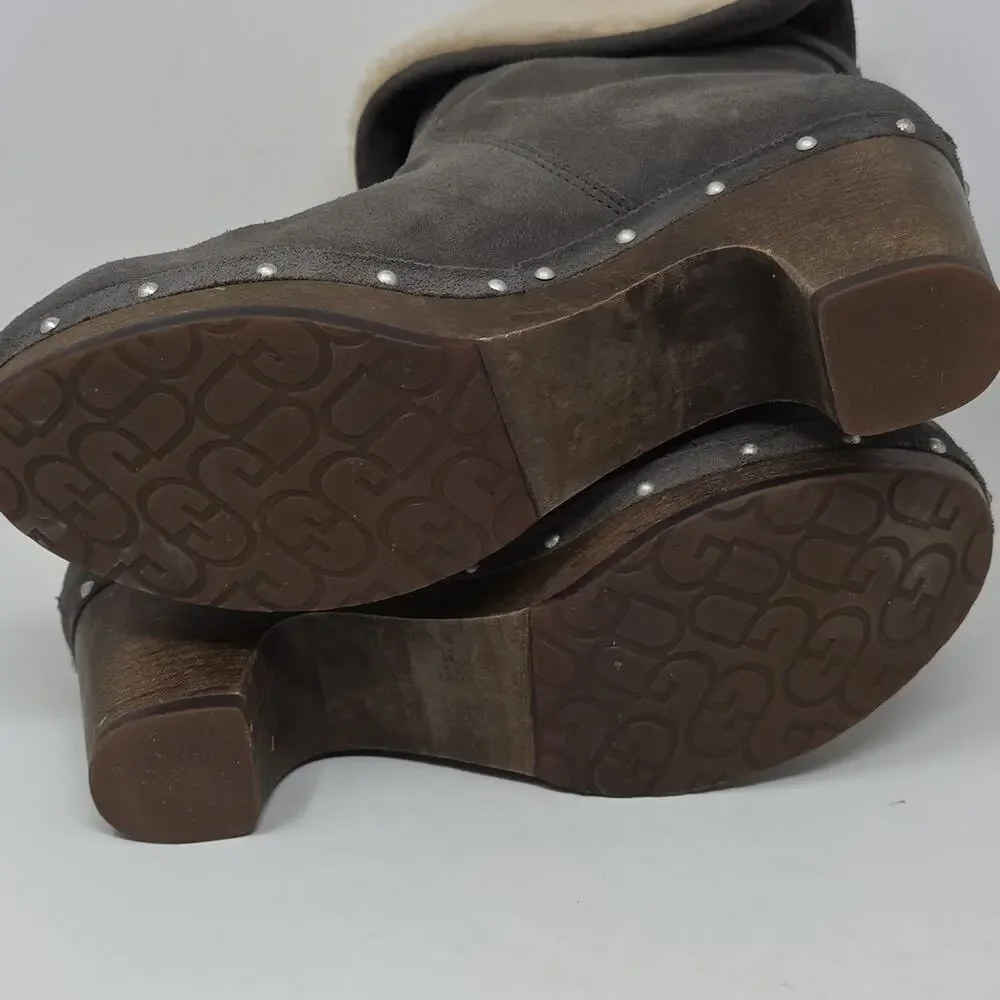 UGG Lynnea Fold Over Brown Leather Shearling Cuff Clog Boot 3204 Size 7